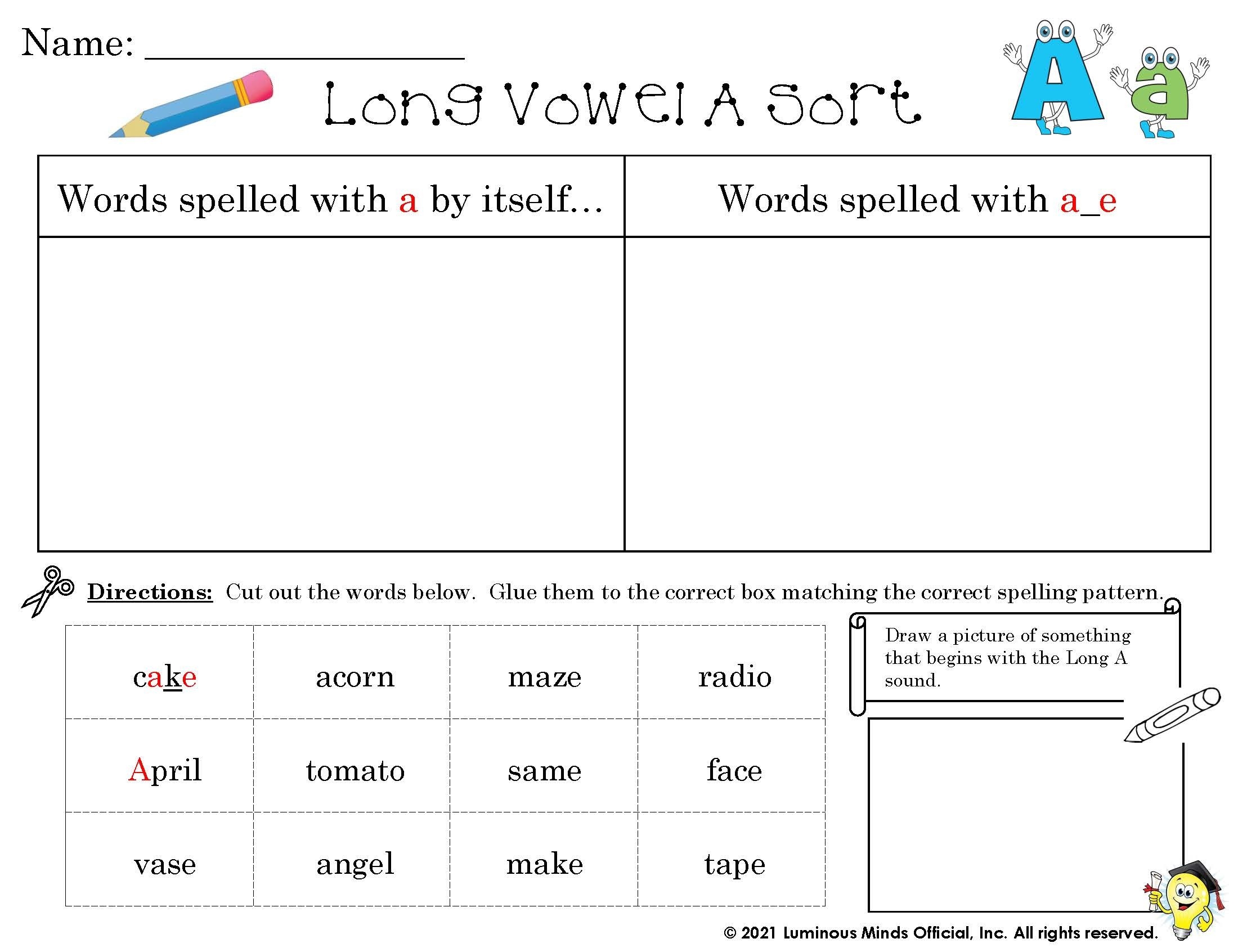 Reading Comprehension Worksheets Long Vowel A Sort