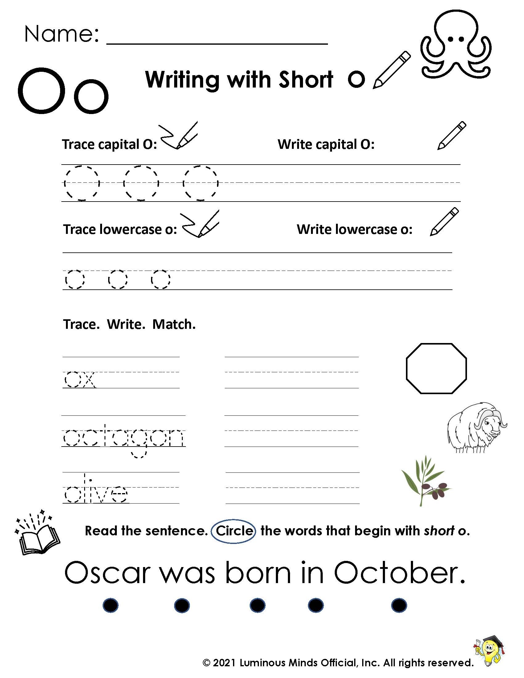 Reading Comprehension Worksheets Writing With Short O