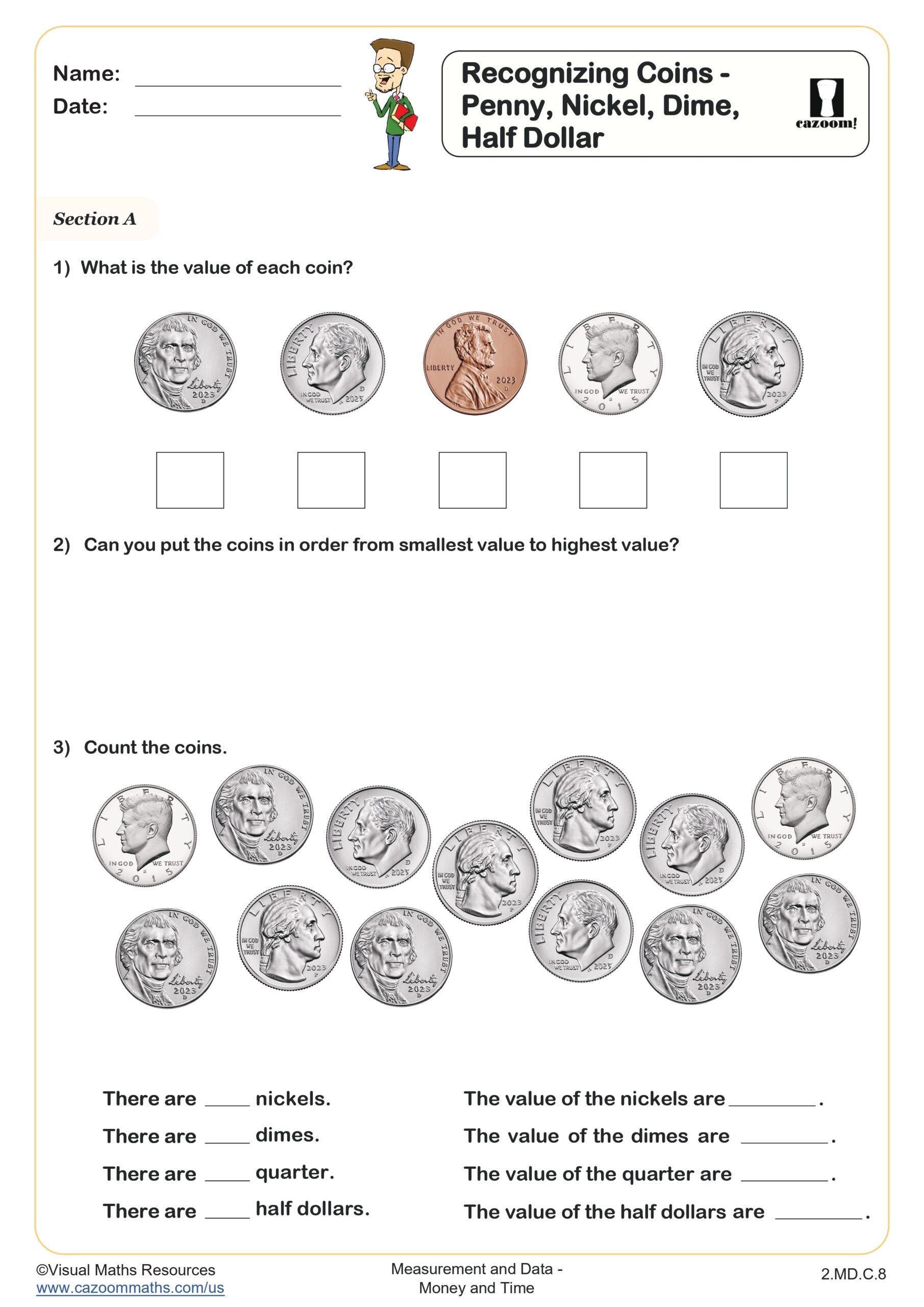 Recognizing Coins Penny Nickel Dime Half Dollar Worksheet Fun And Engaging 2nd Grade Measurement And Data Worksheet