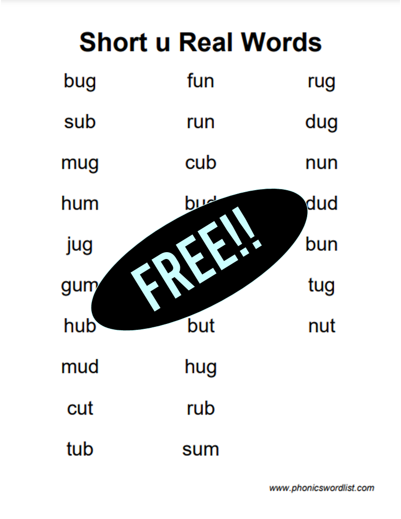 Short U CVC Words Free Printable Lists Phonics Word Generator
