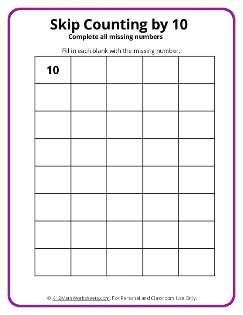 SKip Counting By 10 Worksheets