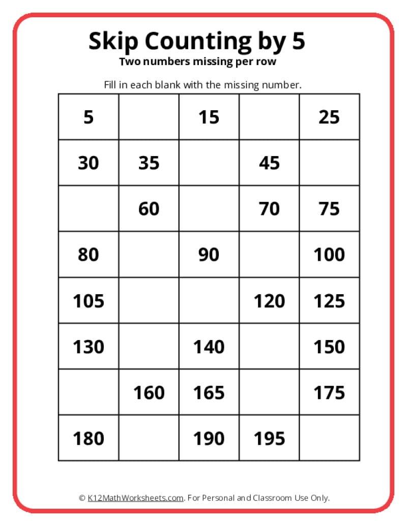 Skip Counting By 5 Worksheets