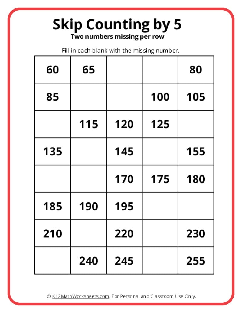 Skip Counting By 5 Worksheets