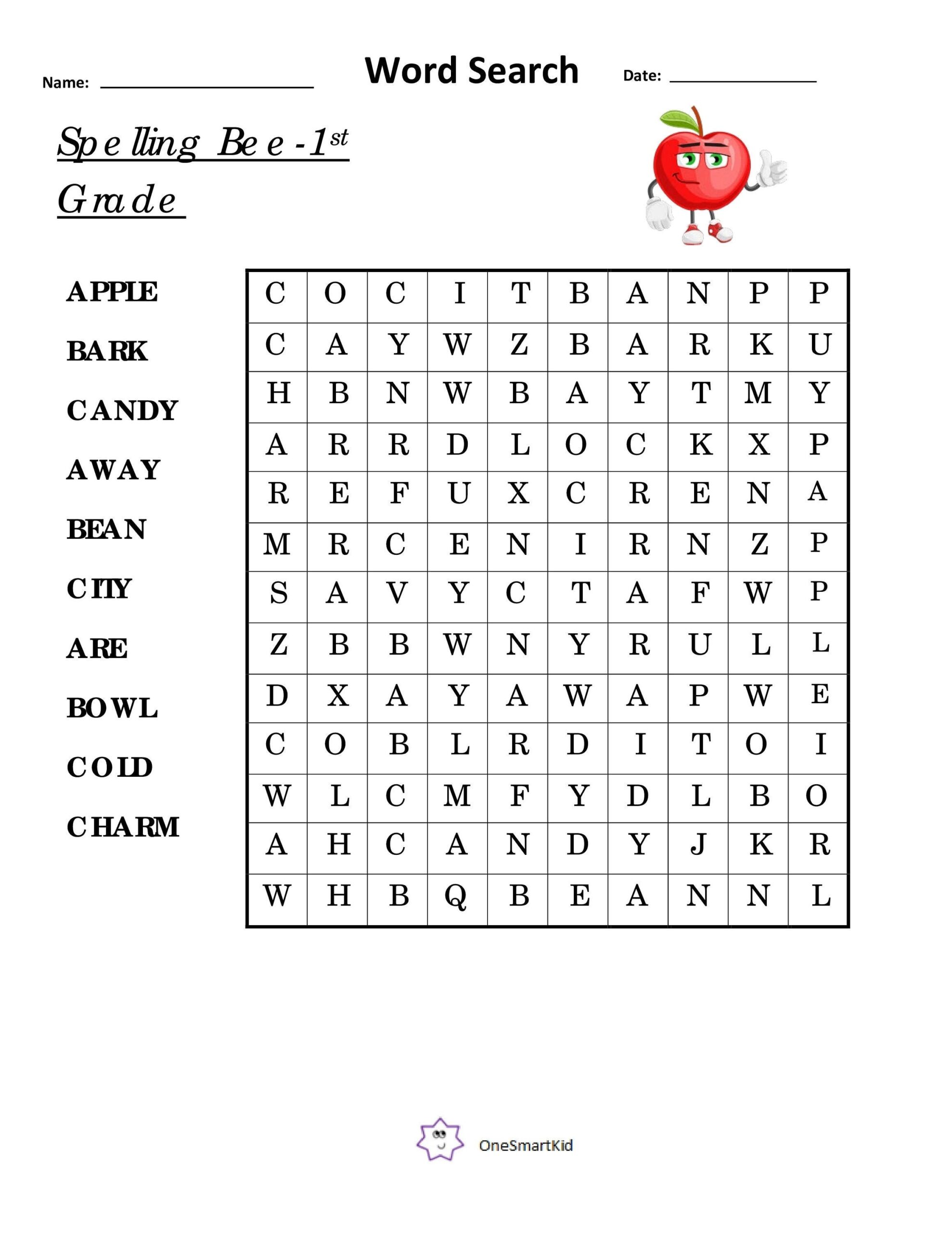 Spelling Bee Kids Word Search 1st Grade Apple Etsy