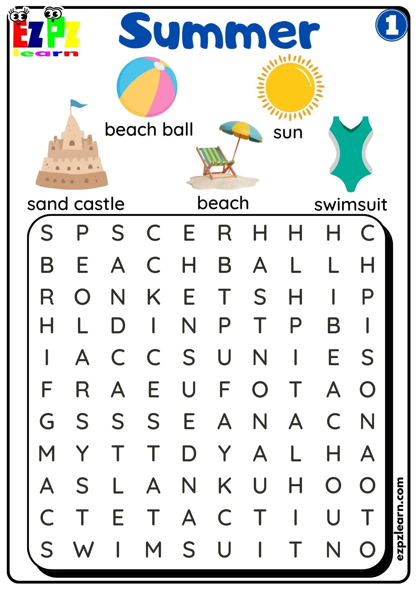 Summer Word Search Activity For Kids Set 1 Ezpzlearn