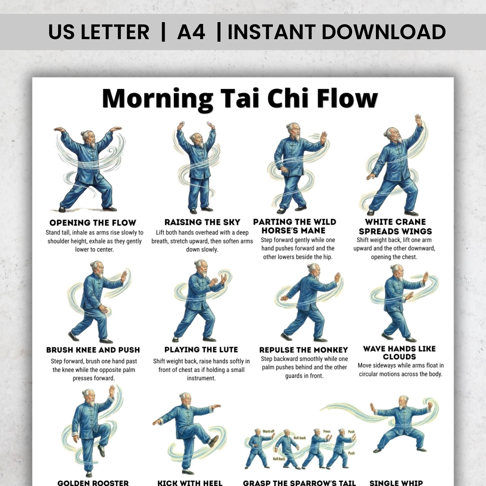 Tai Chi Morning Routine Printable PDF Poster Daily Tai Chi Flow Chart Balance Training Exercises Etsy New Zealand