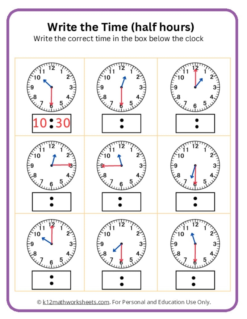 Telling Time Hour And Half Hour Worksheets