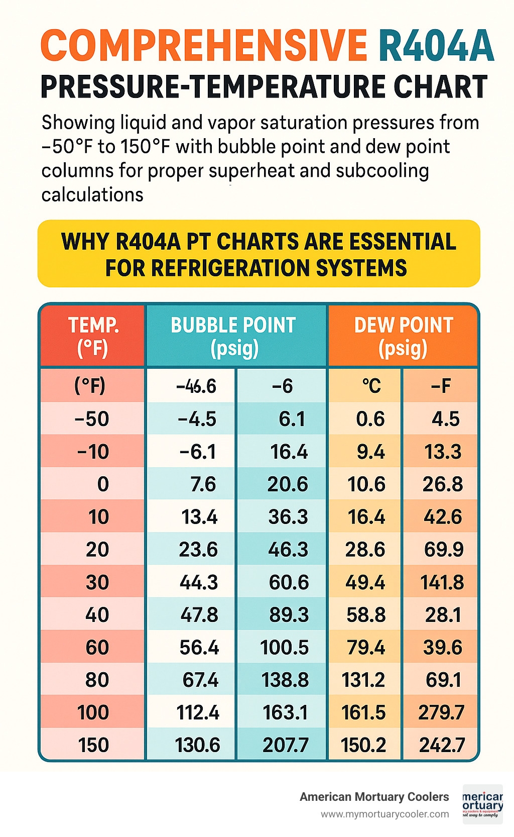 The Complete Guide To R404 PT Chart And Pressure Temperature Values American Mortuary Coolers Equipments The Complete Guide To R404 PT Chart And Pressure Temperature Values American Mortuary Coolers Equipments