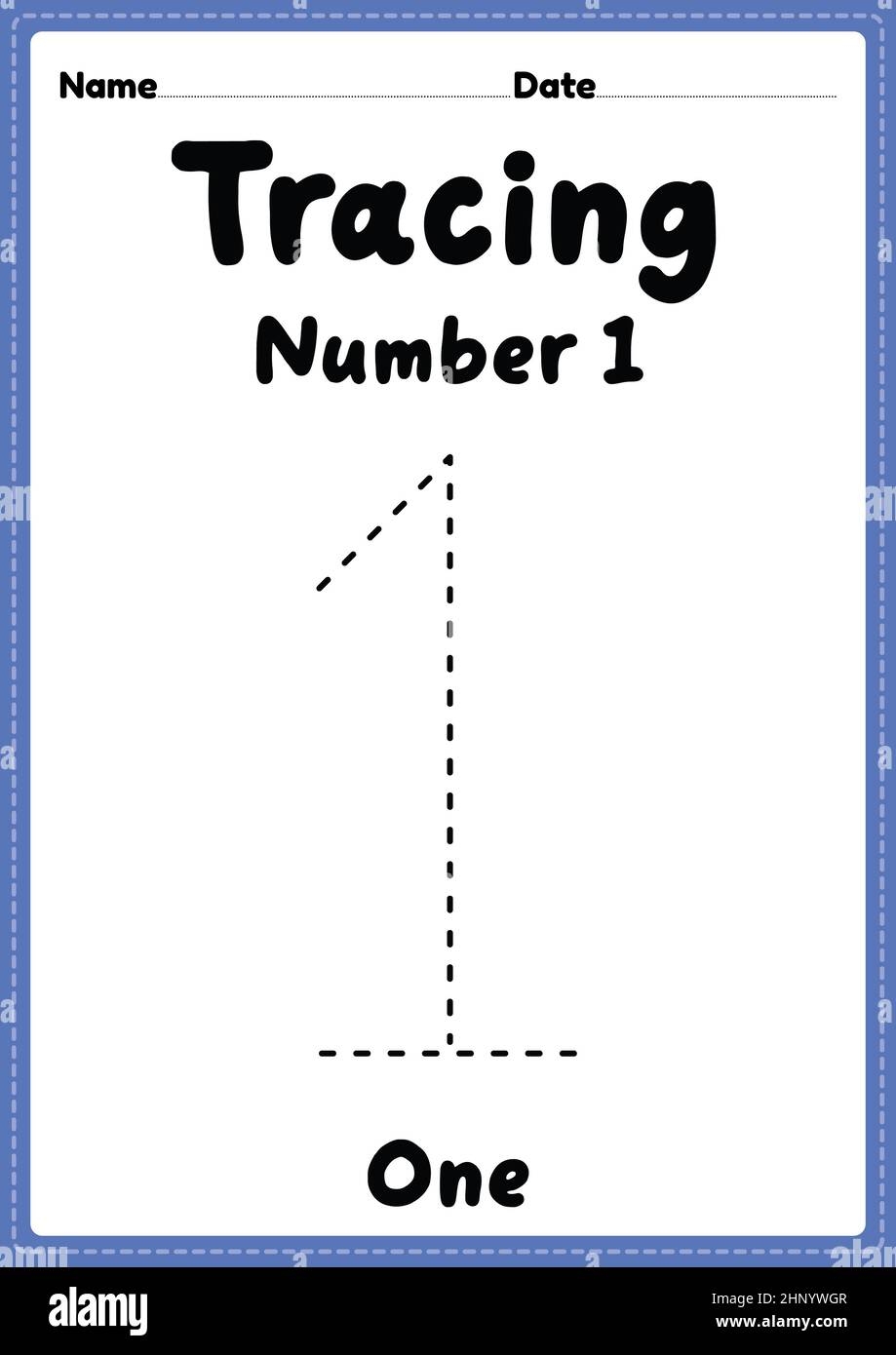 Tracing Number 1 Worksheet For Kindergarten Preschool And Montessori Kids For Handwriting Practice Activities In A Printable Page Stock Photo Alamy
