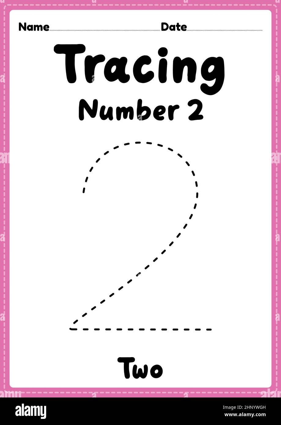 Tracing Number 2 Worksheet For Kindergarten Preschool And Montessori Kids For Handwriting Practice Activities In A Printable Page Stock Photo Alamy