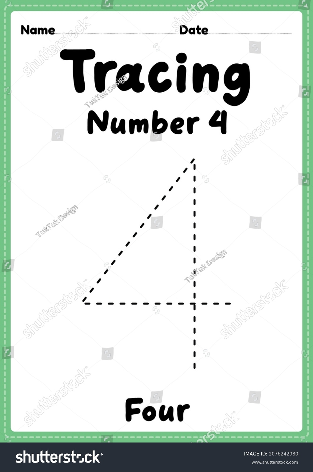Tracing Number 4 Worksheet Kindergarten Preschool Stock Illustration 2076242980 Shutterstock