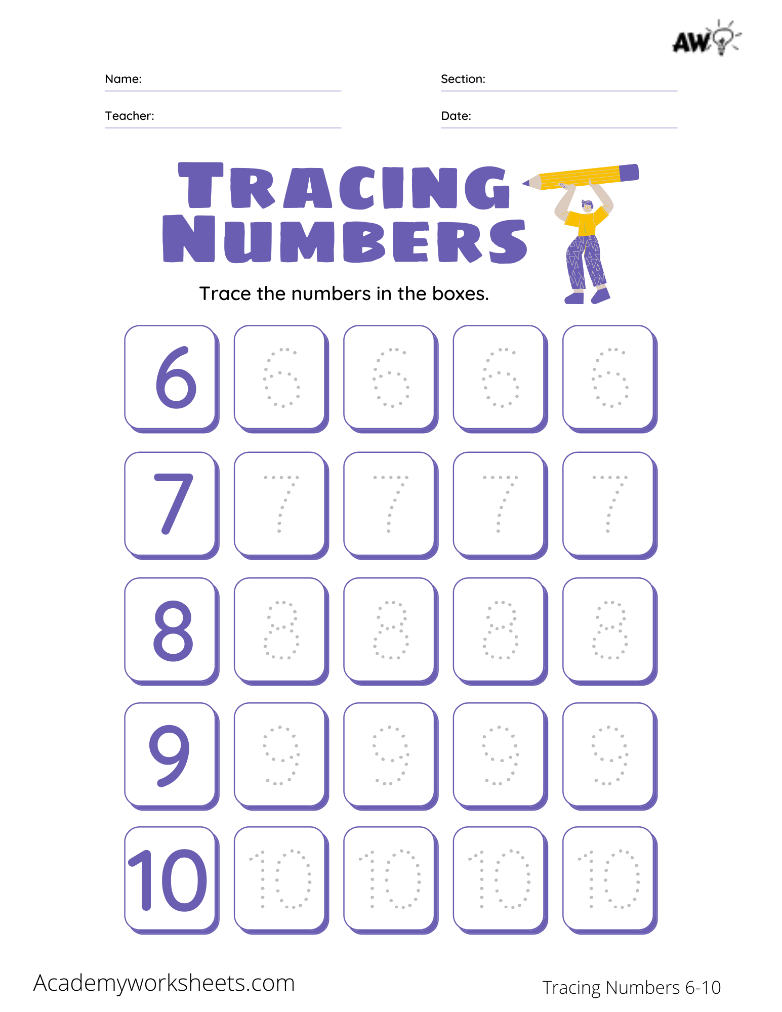 Tracing Numbers 6 10 Academy Worksheets Tracing Numbers 6 10 Academy Worksheets