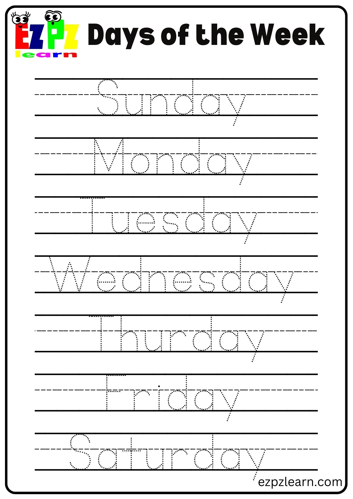 days of the week sheet