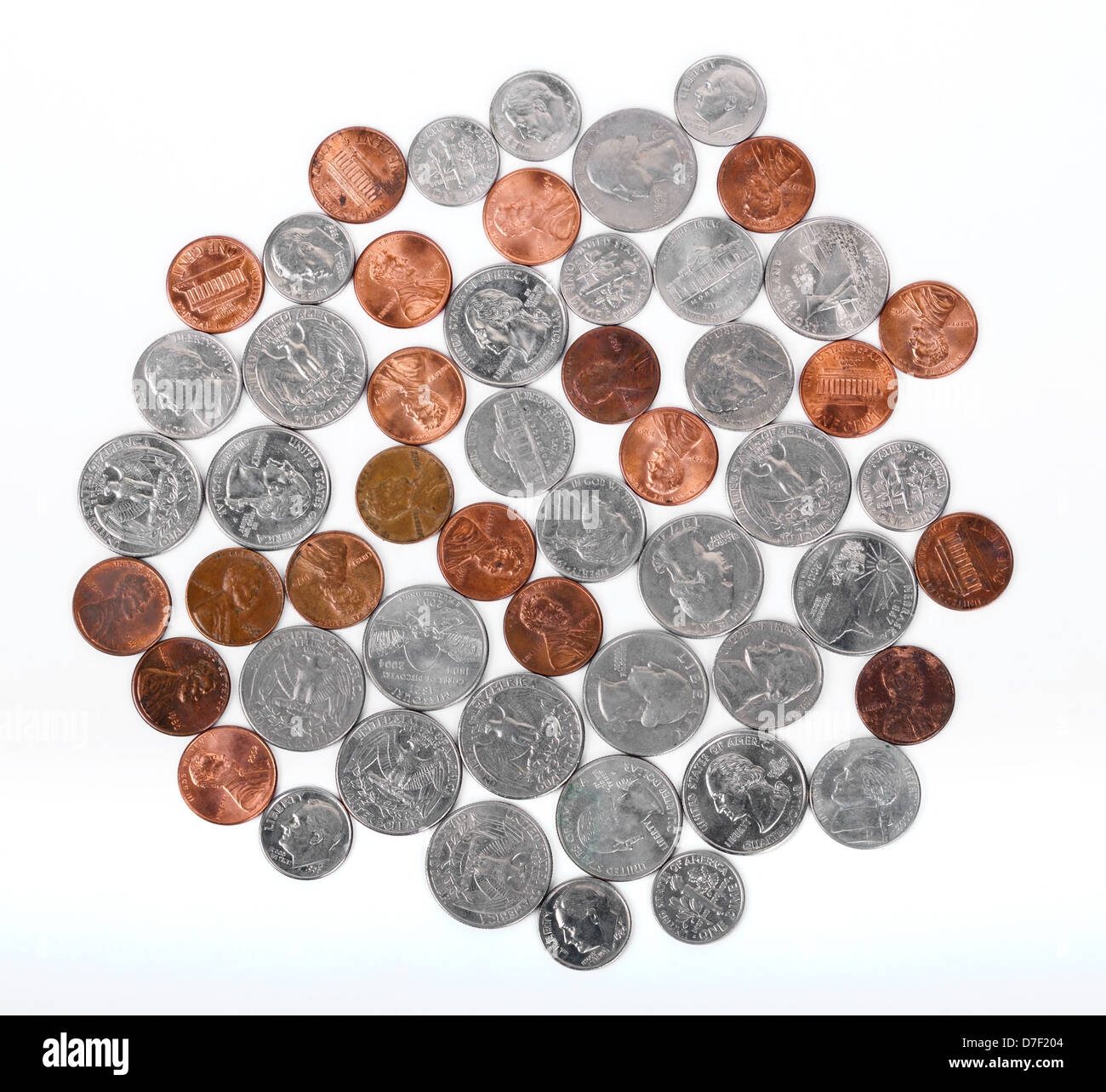 Various American Coins quarters Dimes Nickels Pennies Displayed On White Background DEAR INSPECTOR This Is NOT An isolated Stock Photo Alamy